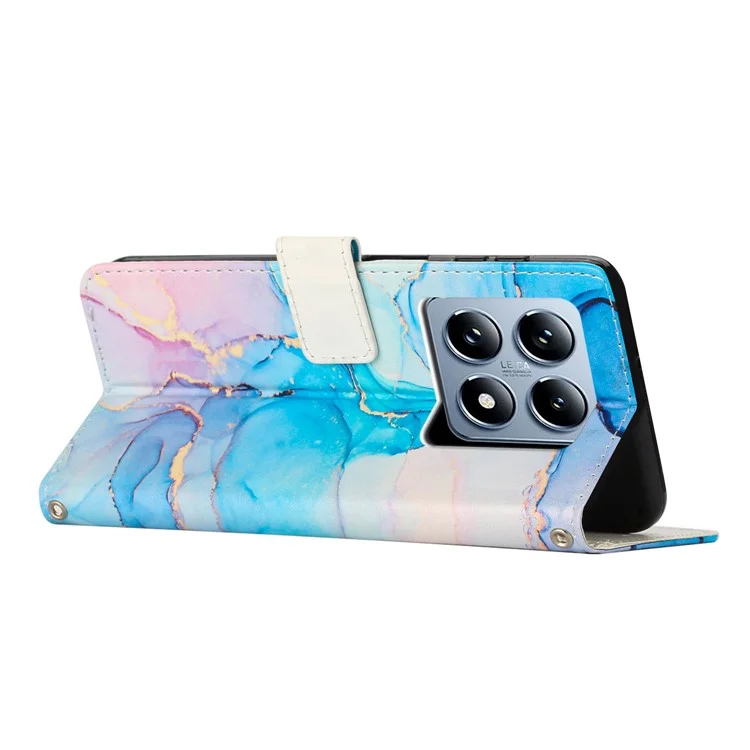 Étui de support pour Xiaomi 14T en cuir PU à motif marbre avec dragonne - Rose / Vert