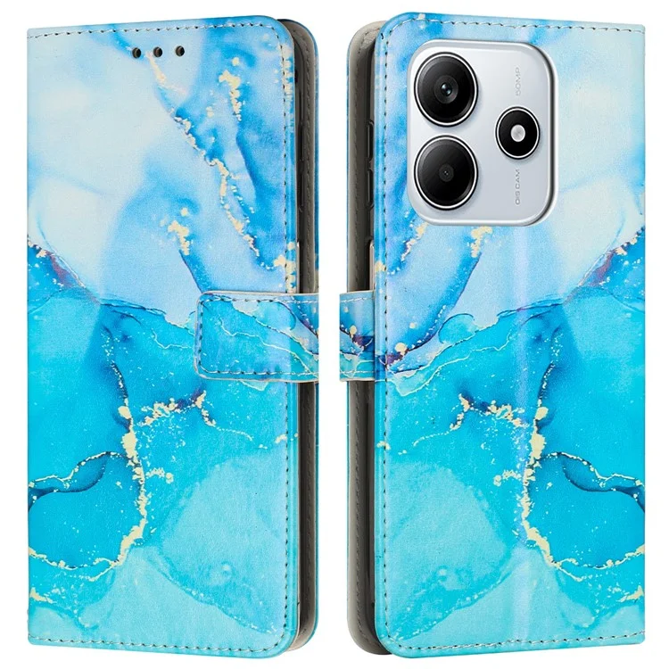 Für Xiaomi Redmi Note 14 5G Ständer-Hülle Marmorstruktur PU-Leder Geldbörsen-Handyhülle mit Handgelenksriemen - Blau / Grün