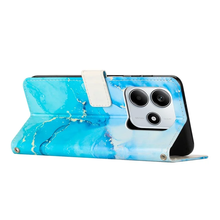 Für Xiaomi Redmi Note 14 5G Ständer-Hülle Marmorstruktur PU-Leder Geldbörsen-Handyhülle mit Handgelenksriemen - Blau / Grün
