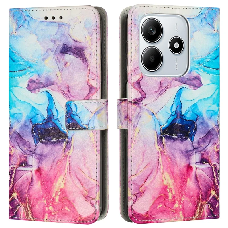 Voor Xiaomi Redmi Note 14 5G Stand Case Marmeren Patroon PU Leren Portemonnee Hoes met Polsbandje - Roze / Paars