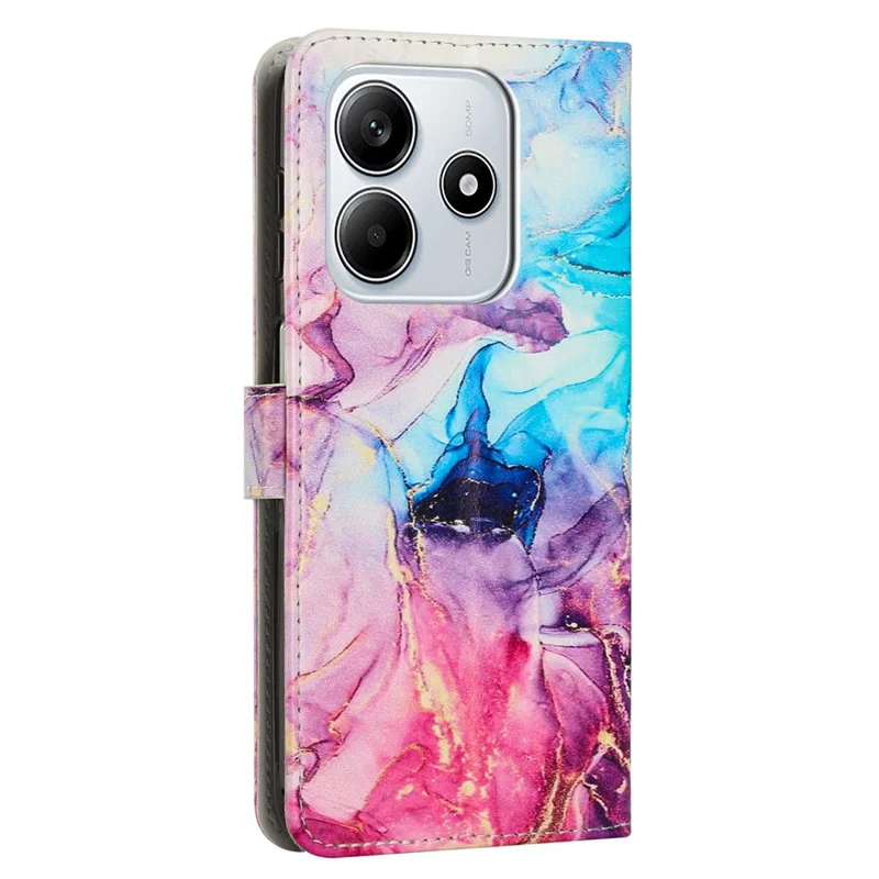 Voor Xiaomi Redmi Note 14 5G Stand Case Marmeren Patroon PU Leren Portemonnee Hoes met Polsbandje - Roze / Paars