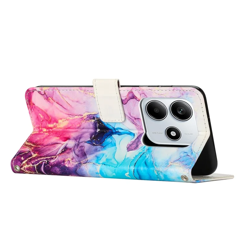 Voor Xiaomi Redmi Note 14 5G Stand Case Marmeren Patroon PU Leren Portemonnee Hoes met Polsbandje - Roze / Paars