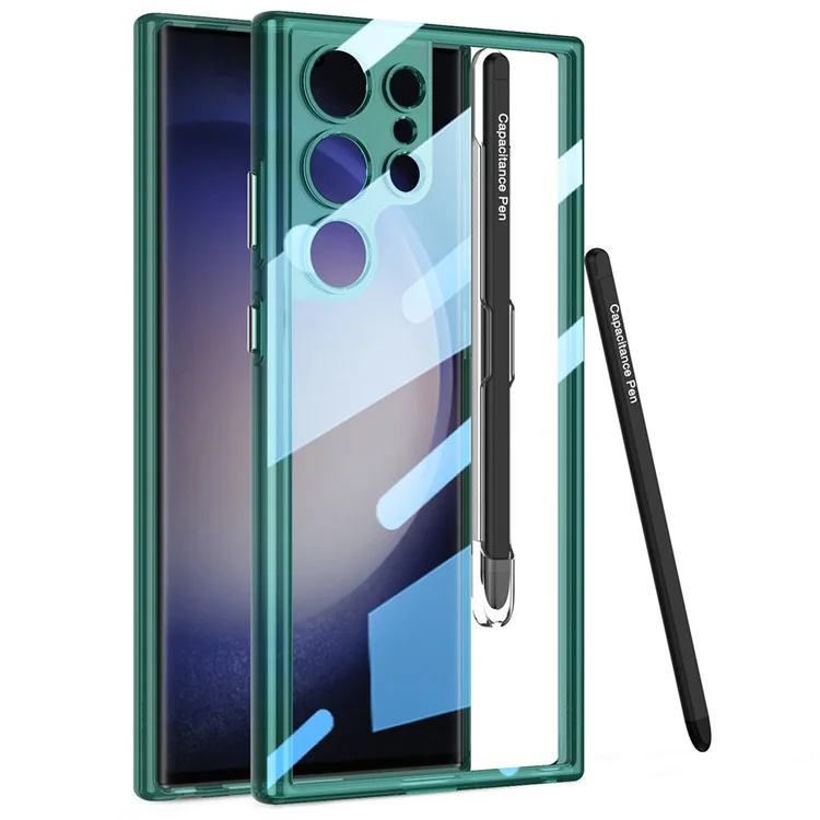 Custodia per Samsung Galaxy S24 Ultra GKK, in TPU+PC trasparente, antiurto, con stilo - Verde trasparente