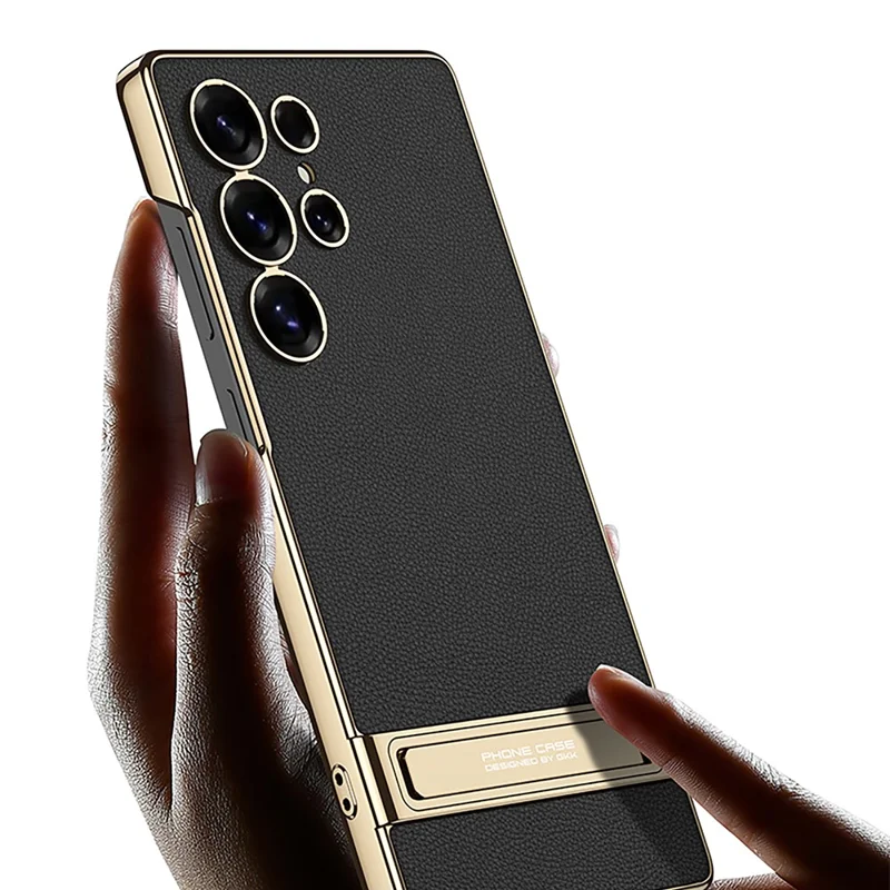 GKK For Samsung Galaxy S25 Ultra Case Electroplating Kickstand PU Hard PC Phone Back Cover - Black