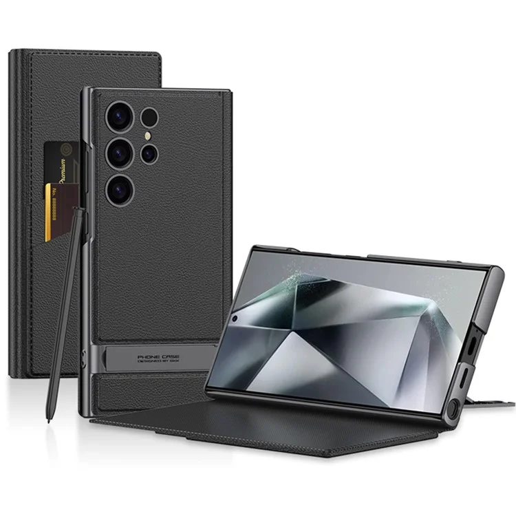 GKK For Samsung Galaxy S25 Ultra Phone Case Hidden Kickstand Leather Flip Cover with Card Holder - Black