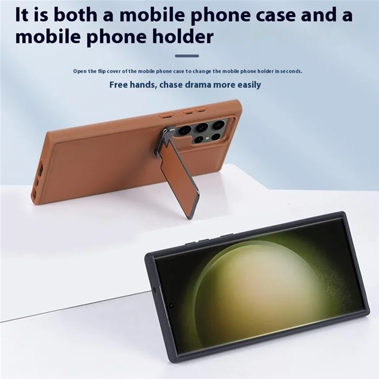 GKK Hülle für Samsung Galaxy S24 Ultra mit Linsenabdeckung, Ständer, TPU+PU Rückseite - Braun