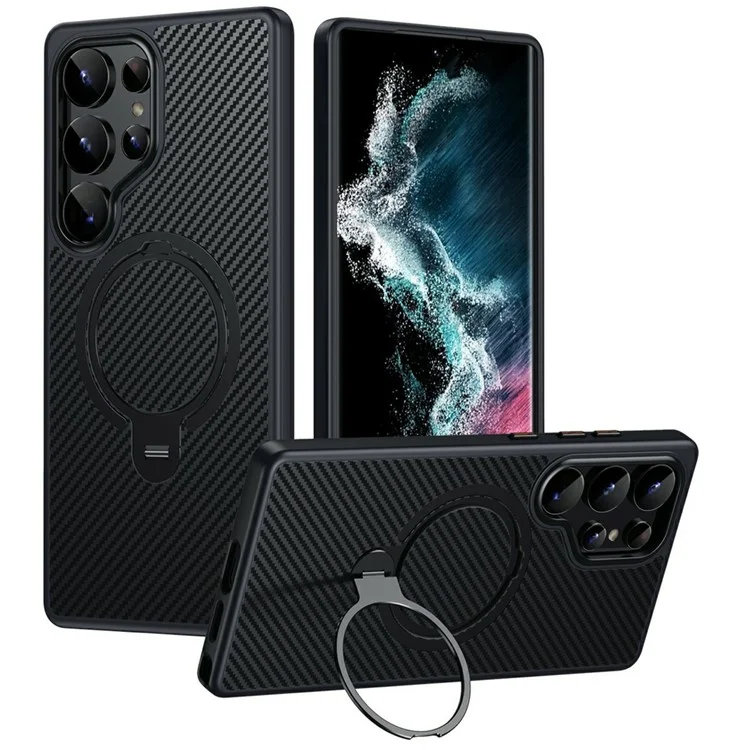 Für Samsung Galaxy S25 Ultra Hülle kompatibel mit MagSafe PC+TPU Handyhülle Ringhalter Kohlefaser-Textur - Schwarz