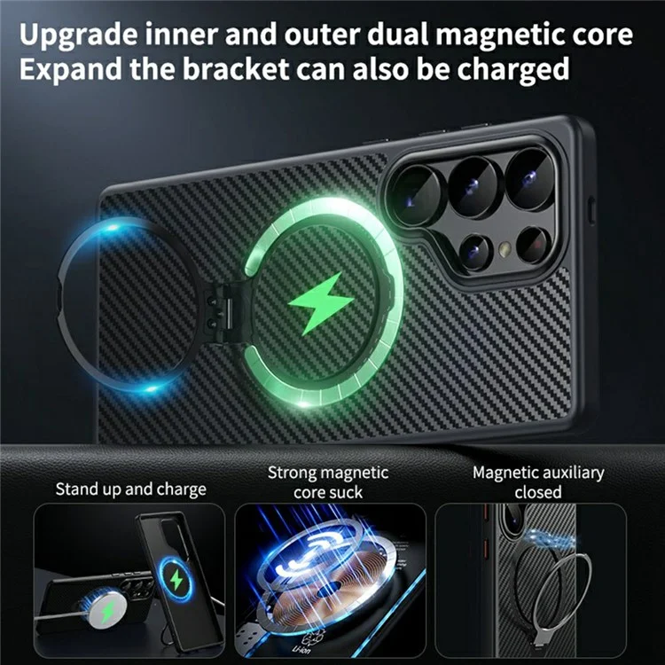 Für Samsung Galaxy S25 Ultra Hülle kompatibel mit MagSafe PC+TPU Handyhülle Ringhalter Kohlefaser-Textur - Schwarz