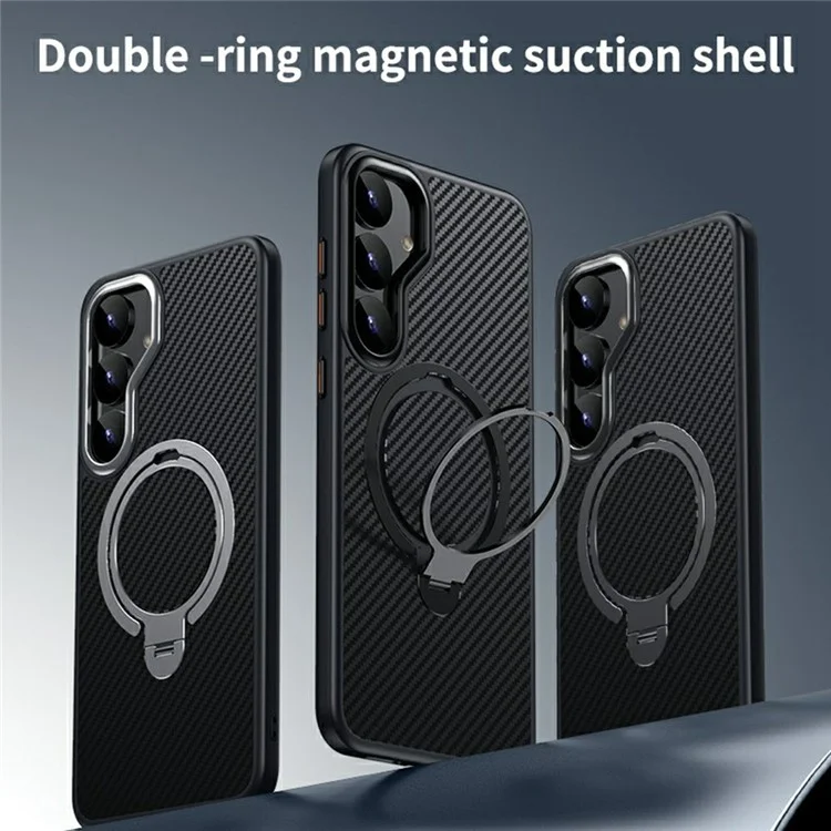 Coque pour Samsung Galaxy S25 compatible avec MagSafe, couvercle de téléphone en PC + TPU avec support anneau, texture en fibre de carbone - Noir