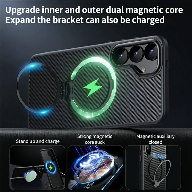 Coque pour Samsung Galaxy S25 compatible avec MagSafe, couvercle de téléphone en PC + TPU avec support anneau, texture en fibre de carbone - Noir