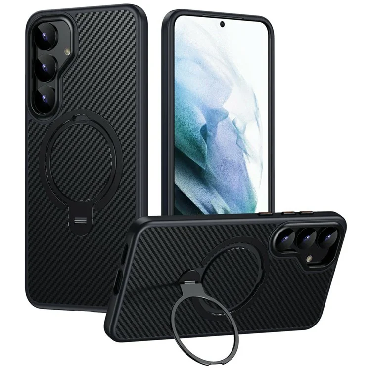 Coque pour Samsung Galaxy S25+ compatible avec MagSafe Étui de téléphone en PC + TPU avec support anneau Texture en fibre de carbone - Noir