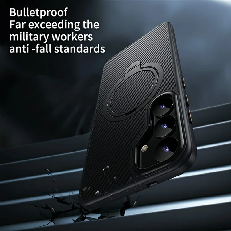 Coque pour Samsung Galaxy S25+ compatible avec MagSafe Étui de téléphone en PC + TPU avec support anneau Texture en fibre de carbone - Noir