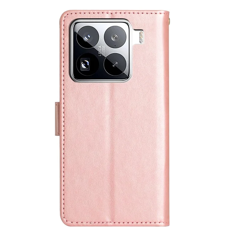 Lädertert för Xiaomi 15 Pro med plånboksfack, inpräntat mönster av fjäril och blommor, med rem – Rosen gold