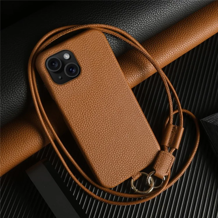 Custodia per iPhone 13 con cordino in vera pelle di mucca e cover posteriore in PC - Marrone