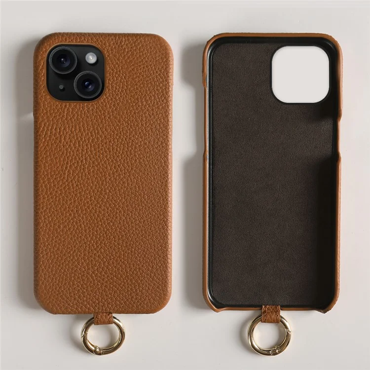 Custodia per iPhone 13 con cordino in vera pelle di mucca e cover posteriore in PC - Marrone