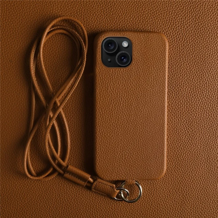 Custodia per iPhone 13 con cordino in vera pelle di mucca e cover posteriore in PC - Marrone