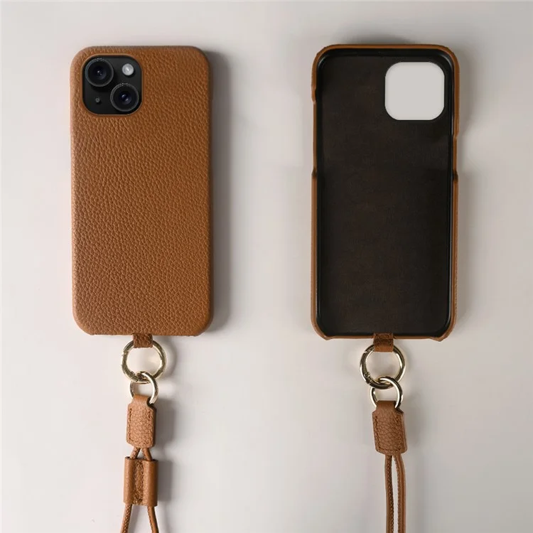 Custodia per iPhone 13 con cordino in vera pelle di mucca e cover posteriore in PC - Marrone