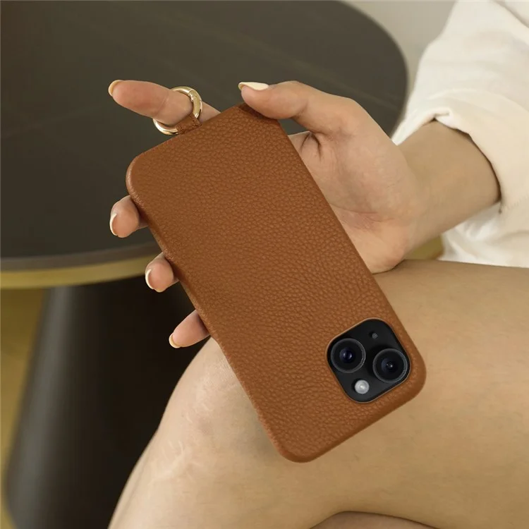 Custodia per iPhone 13 con cordino in vera pelle di mucca e cover posteriore in PC - Marrone