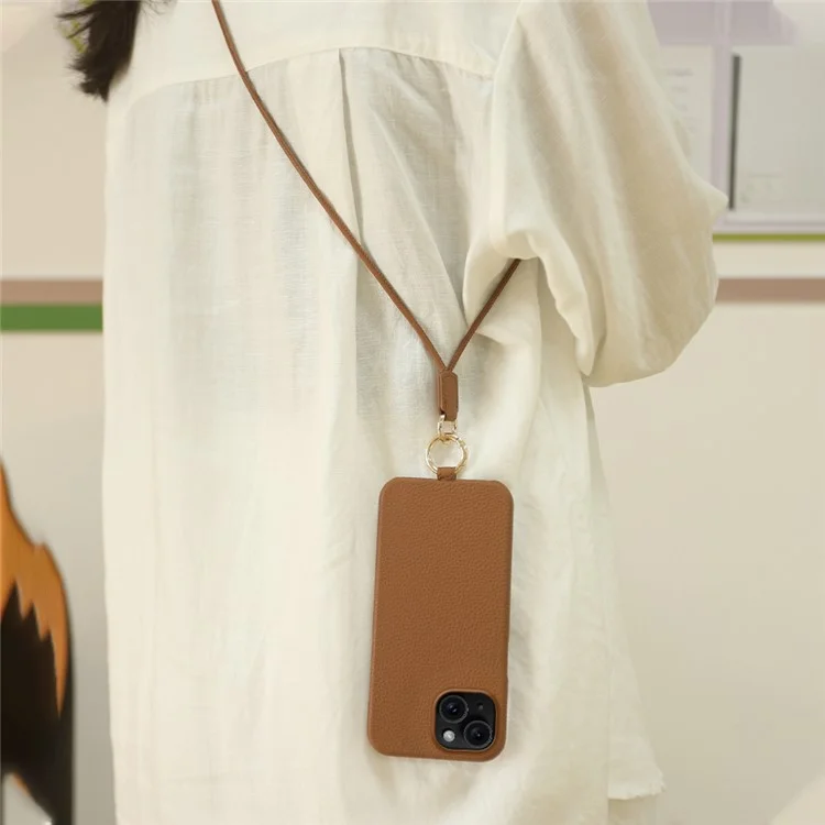 Custodia per iPhone 13 con cordino in vera pelle di mucca e cover posteriore in PC - Marrone
