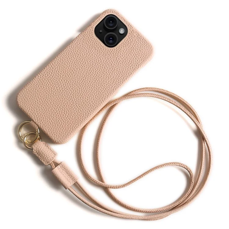 Coque pour iPhone 14 avec cordon tour de cou en véritable cuir de vache et dos en PC - Rose