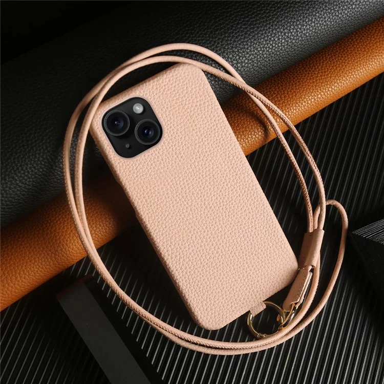Coque pour iPhone 14 avec cordon tour de cou en véritable cuir de vache et dos en PC - Rose