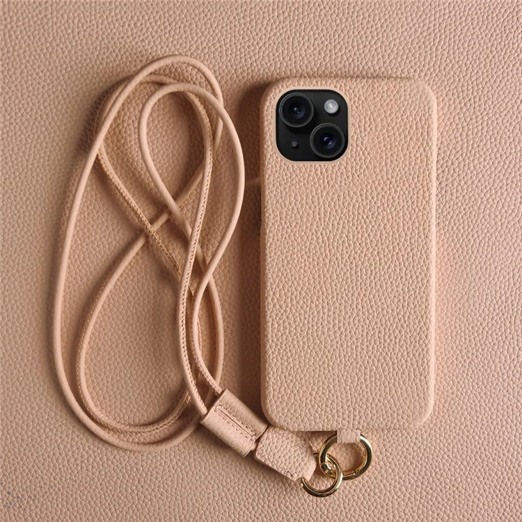 Coque pour iPhone 14 avec cordon tour de cou en véritable cuir de vache et dos en PC - Rose