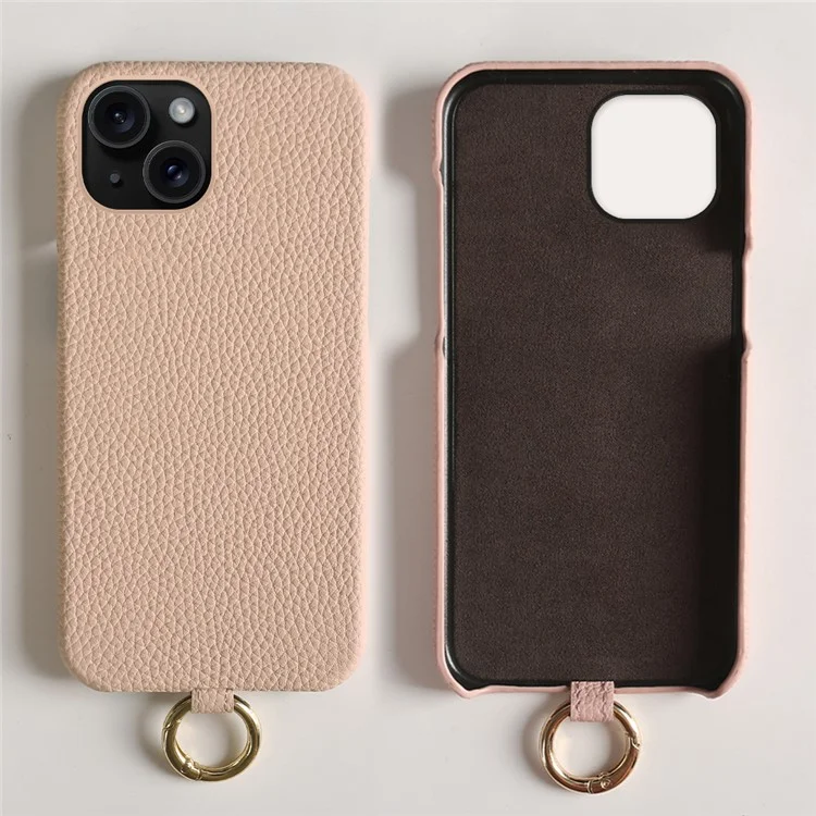 Coque pour iPhone 14 avec cordon tour de cou en véritable cuir de vache et dos en PC - Rose