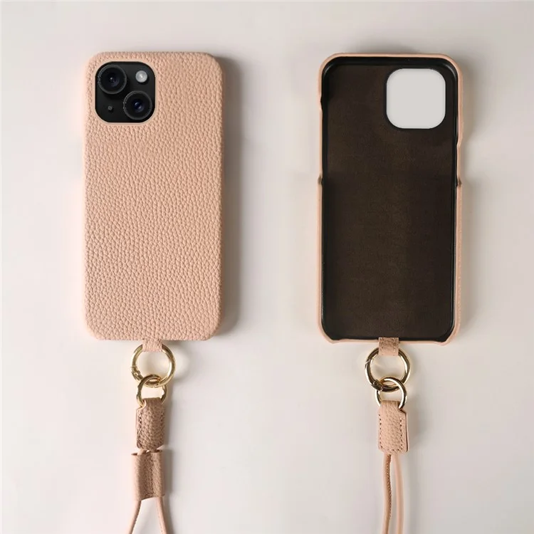 Coque pour iPhone 14 avec cordon tour de cou en véritable cuir de vache et dos en PC - Rose