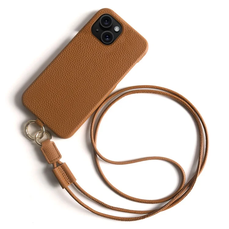 Étui pour iPhone 15 avec cordon en cuir de vache véritable et coque arrière en PC - Marron