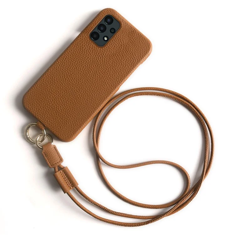 Étui pour Samsung Galaxy A13 4G avec cordon de sécurité, véritable cuir de vache, coque arrière en PC - Marron