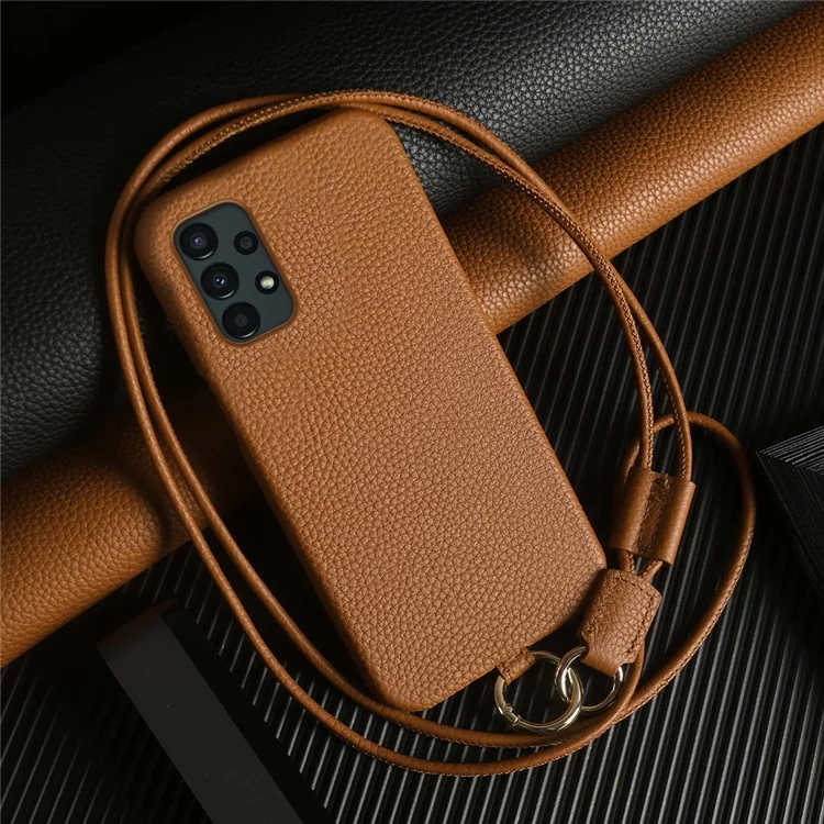 Étui pour Samsung Galaxy A13 4G avec cordon de sécurité, véritable cuir de vache, coque arrière en PC - Marron
