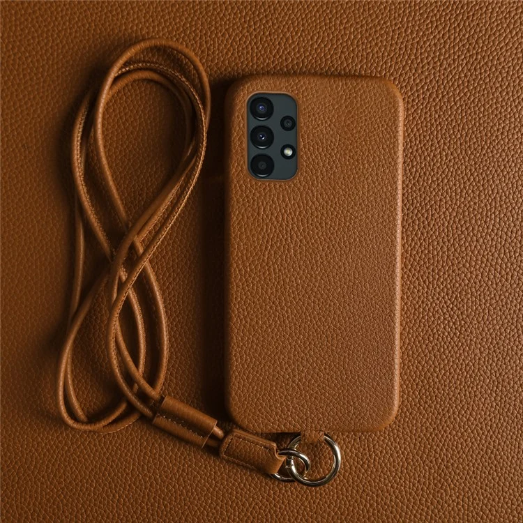 Étui pour Samsung Galaxy A13 4G avec cordon de sécurité, véritable cuir de vache, coque arrière en PC - Marron