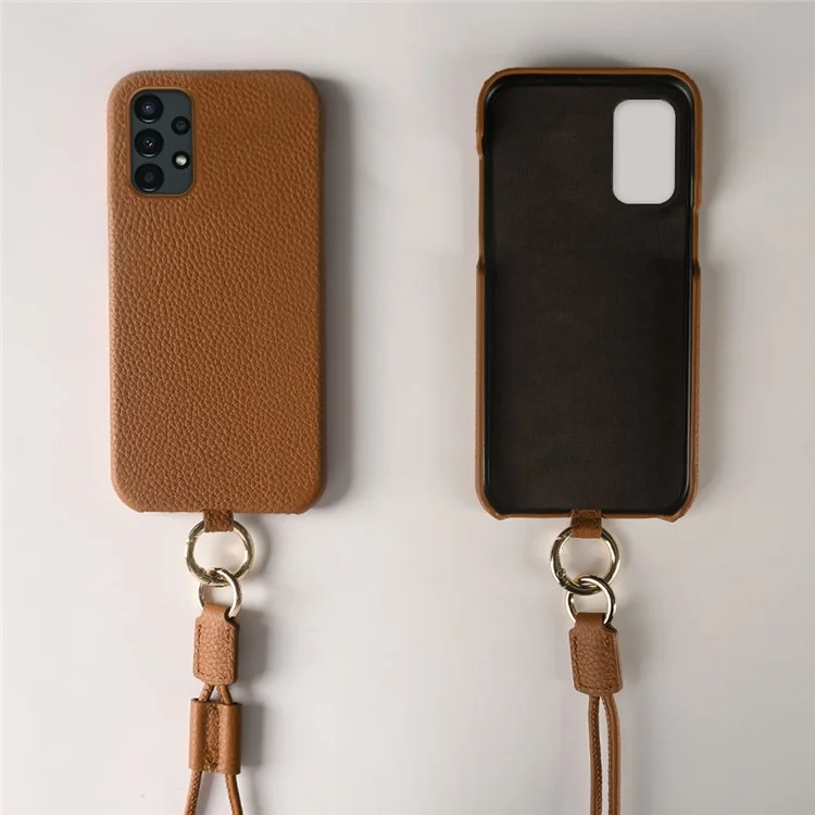 Étui pour Samsung Galaxy A13 4G avec cordon de sécurité, véritable cuir de vache, coque arrière en PC - Marron