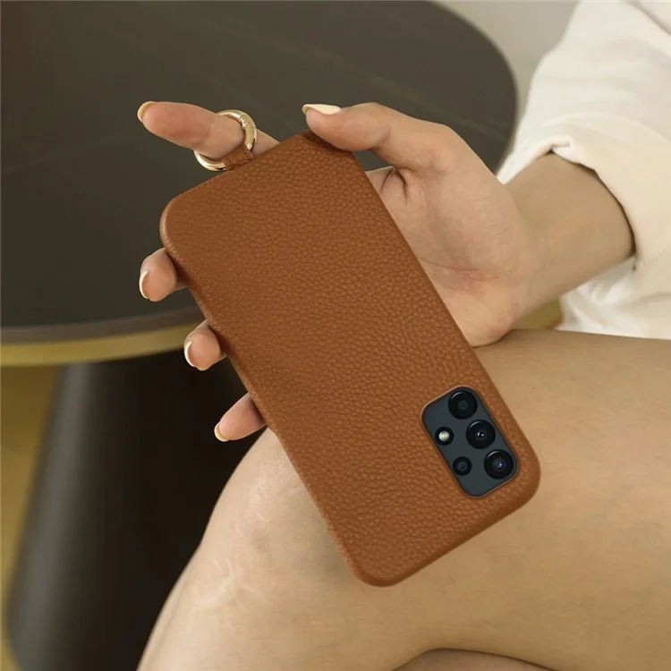 Étui pour Samsung Galaxy A13 4G avec cordon de sécurité, véritable cuir de vache, coque arrière en PC - Marron