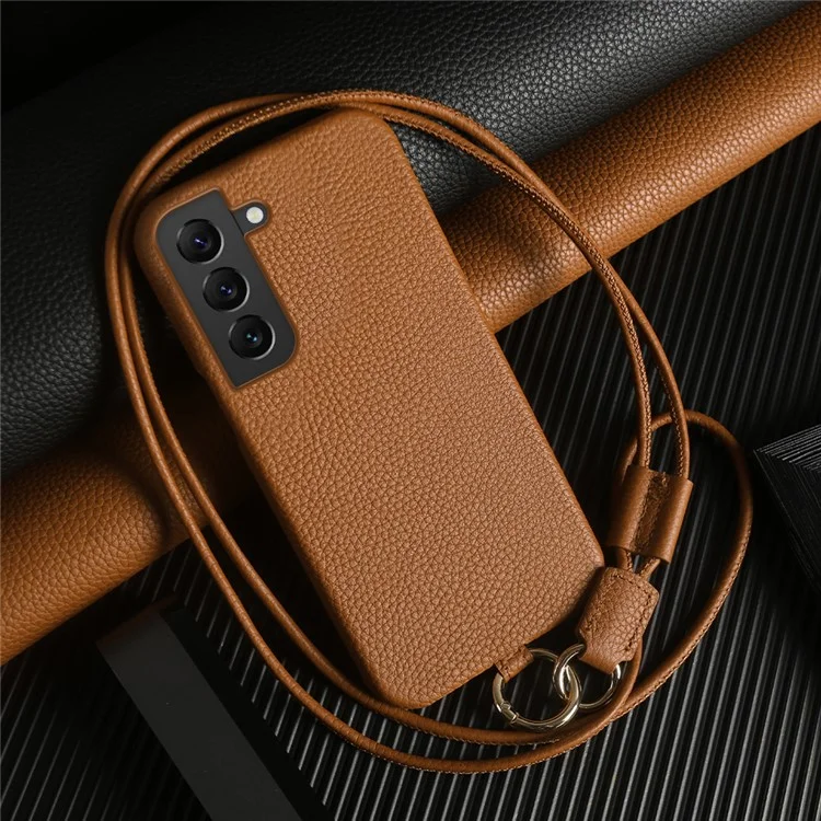 For Samsung Galaxy S22 5G Case with Lanyard Genuine Cow Leather PC Phone Back Cover - Brown