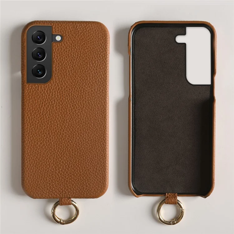 For Samsung Galaxy S22 5G Case with Lanyard Genuine Cow Leather PC Phone Back Cover - Brown