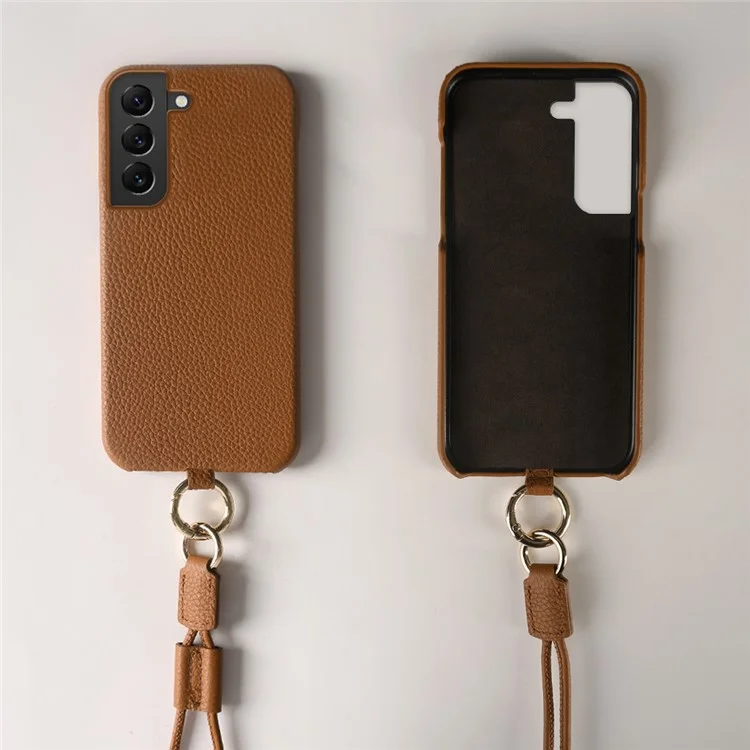 For Samsung Galaxy S22 5G Case with Lanyard Genuine Cow Leather PC Phone Back Cover - Brown