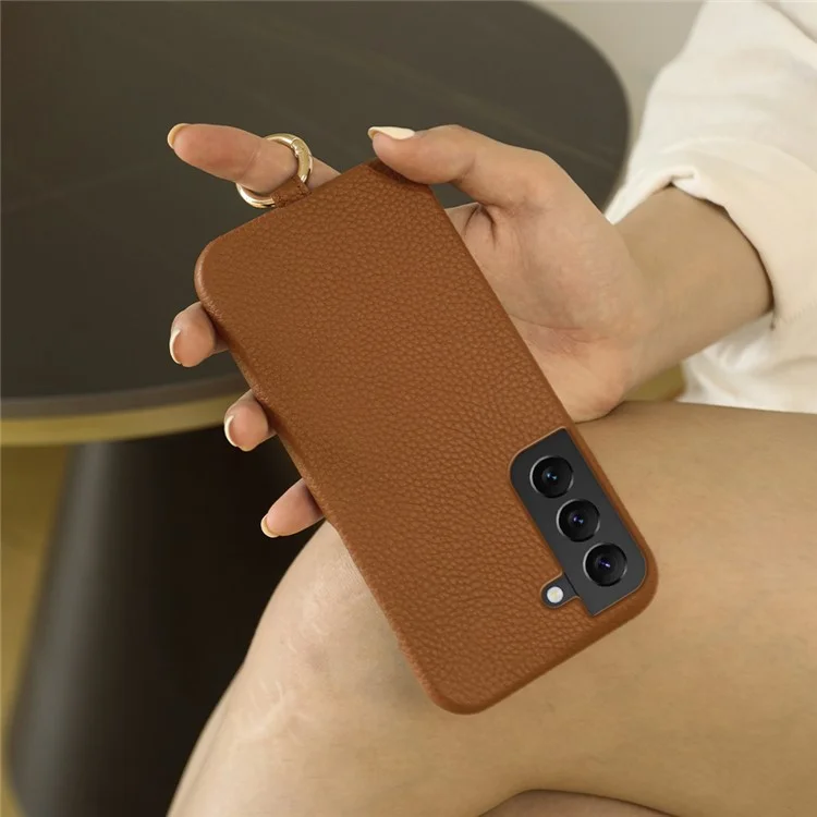 For Samsung Galaxy S22 5G Case with Lanyard Genuine Cow Leather PC Phone Back Cover - Brown