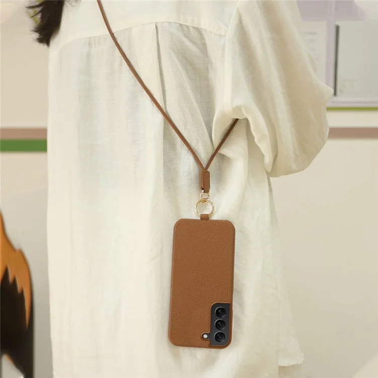 For Samsung Galaxy S22 5G Case with Lanyard Genuine Cow Leather PC Phone Back Cover - Brown