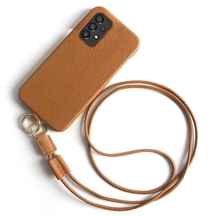 Coque pour Samsung Galaxy A33 5G avec cordon de sécurité, véritable cuir de vache, coque arrière en PC - Marron