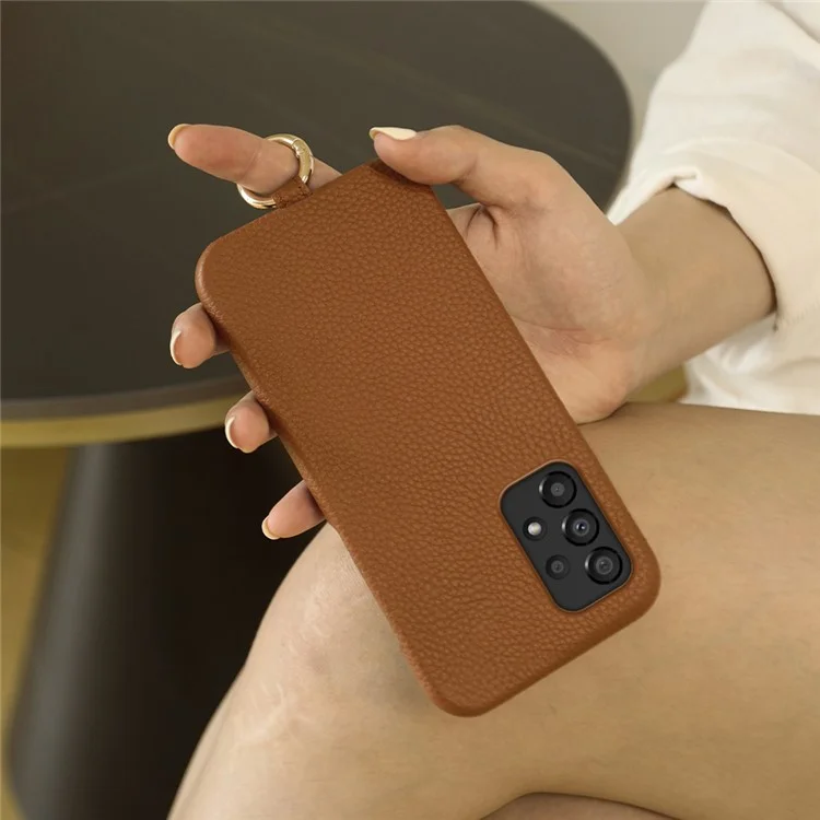 Coque pour Samsung Galaxy A33 5G avec cordon de sécurité, véritable cuir de vache, coque arrière en PC - Marron