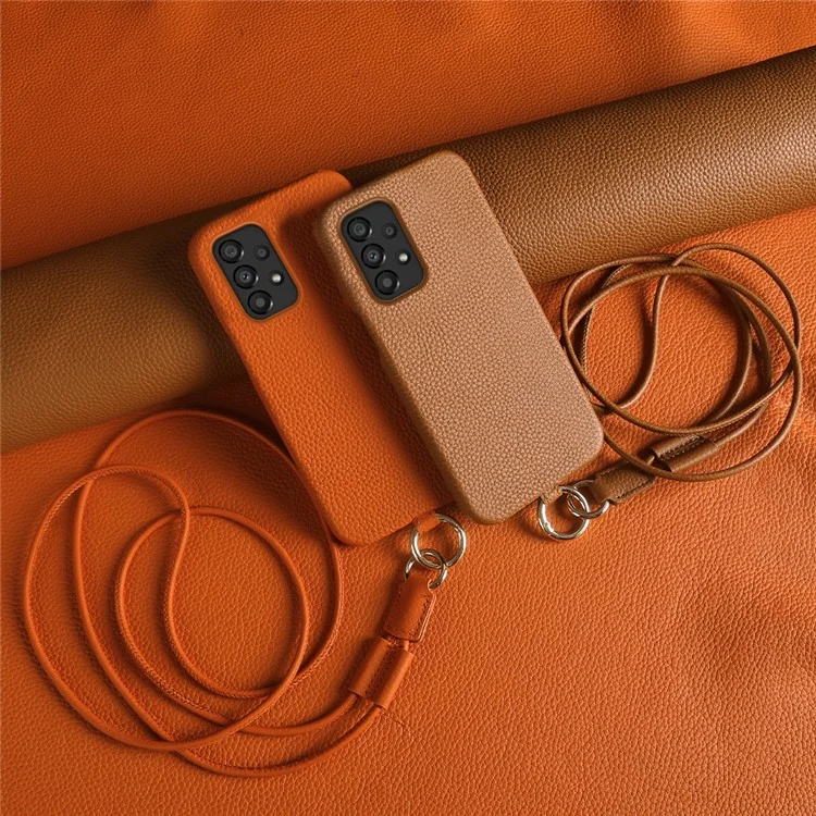 Coque pour Samsung Galaxy A33 5G avec cordon de sécurité, véritable cuir de vache, coque arrière en PC - Marron