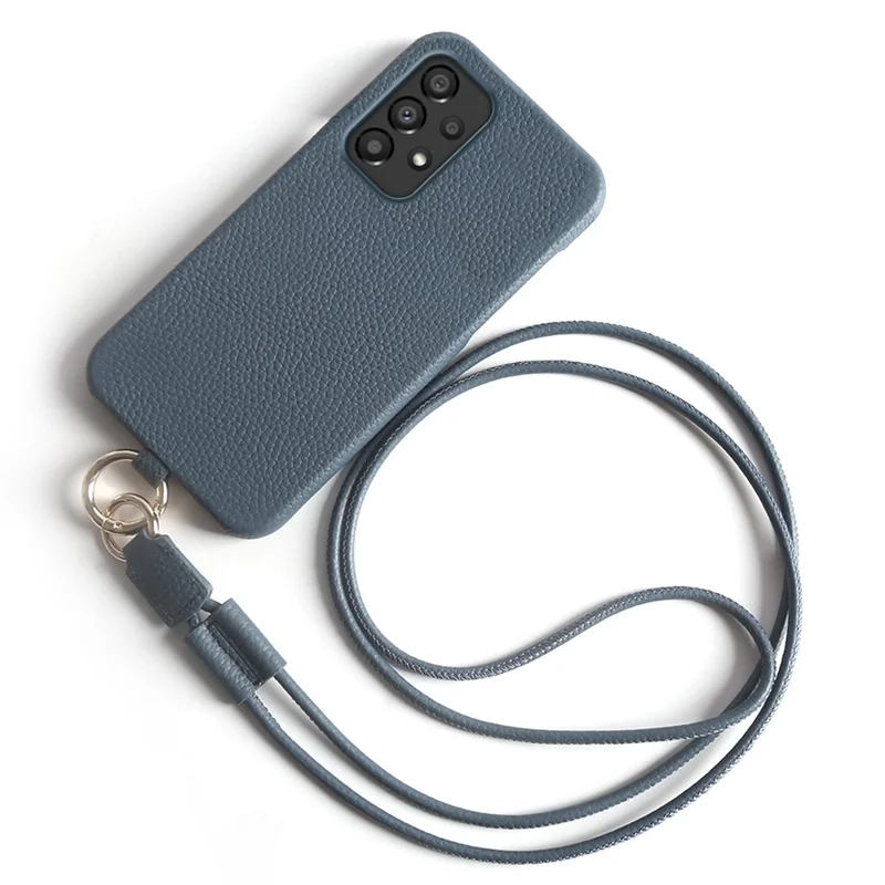 جراب لهاتف سامسونج جالكسي A33 5G مع حبل من جلد البقر الحقيقي وغطاء خلفي من مادة البولي كربونيت - أزرق