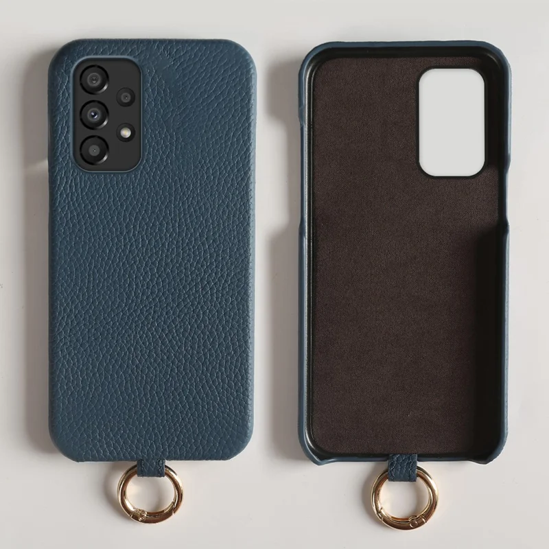جراب لهاتف سامسونج جالكسي A33 5G مع حبل من جلد البقر الحقيقي وغطاء خلفي من مادة البولي كربونيت - أزرق