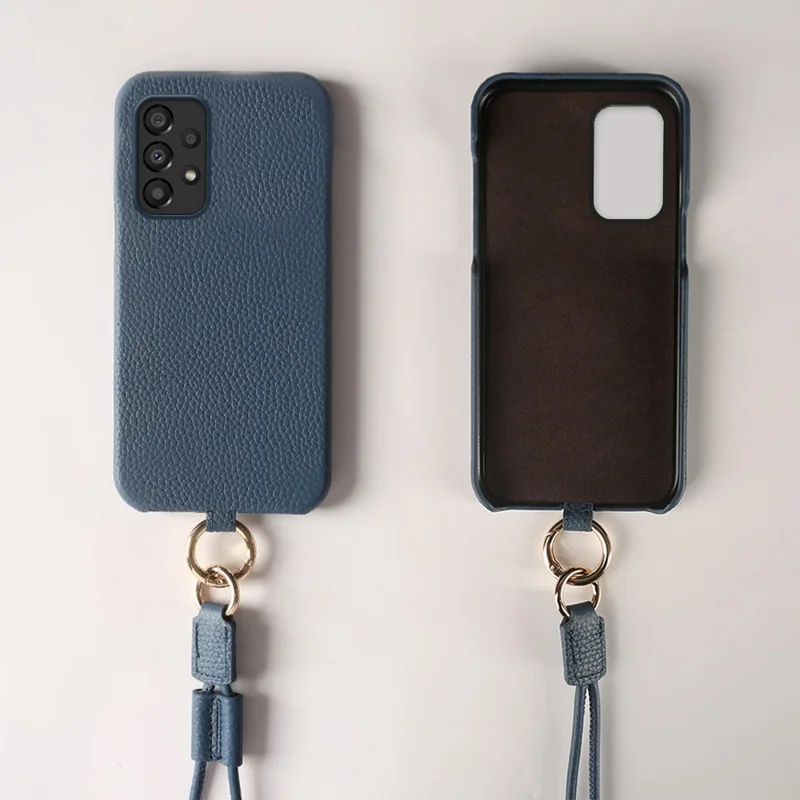 جراب لهاتف سامسونج جالكسي A33 5G مع حبل من جلد البقر الحقيقي وغطاء خلفي من مادة البولي كربونيت - أزرق