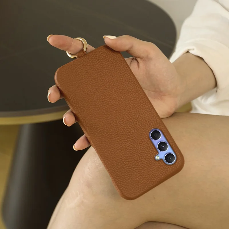 For Samsung Galaxy A34 5G Case with Lanyard Genuine Cow Leather PC Phone Back Cover - Brown