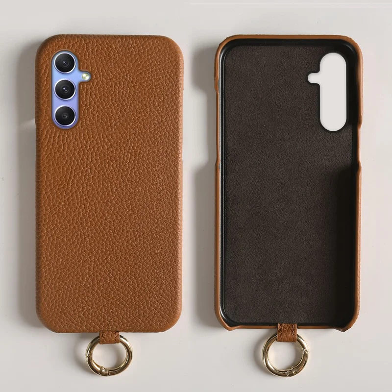 For Samsung Galaxy A34 5G Case with Lanyard Genuine Cow Leather PC Phone Back Cover - Brown