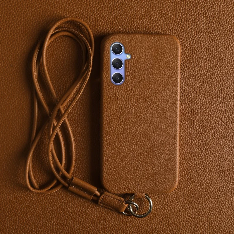For Samsung Galaxy A34 5G Case with Lanyard Genuine Cow Leather PC Phone Back Cover - Brown