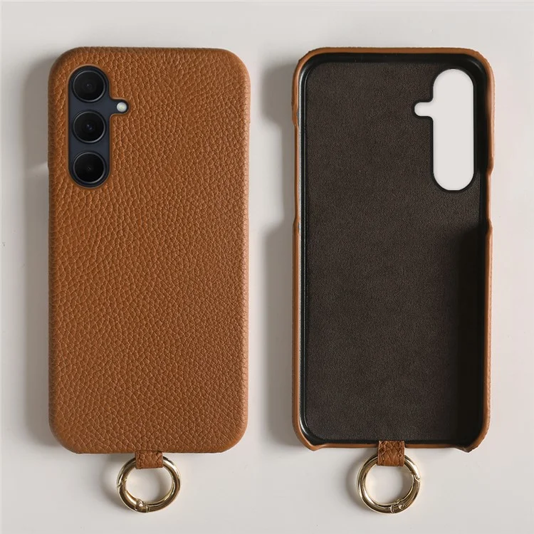 Étui pour Samsung Galaxy A35 5G avec cordon de sécurité, véritable cuir de vache, coque arrière en PC - Marron