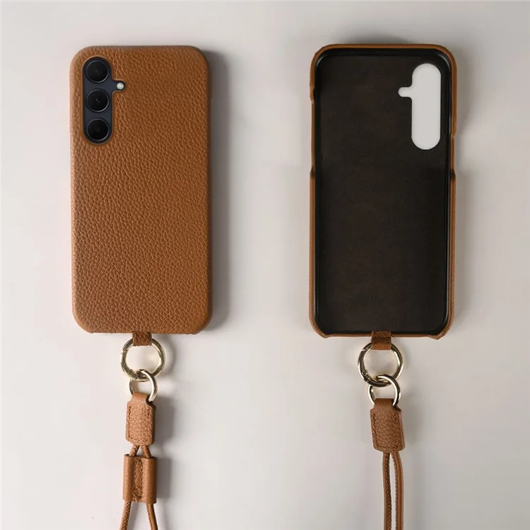 Étui pour Samsung Galaxy A35 5G avec cordon de sécurité, véritable cuir de vache, coque arrière en PC - Marron